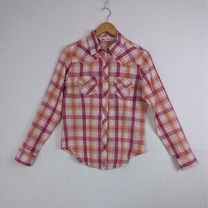 Cumberland Outfitters Womens S Pink Orange Plaid Rhinestone Western Snap Shirt